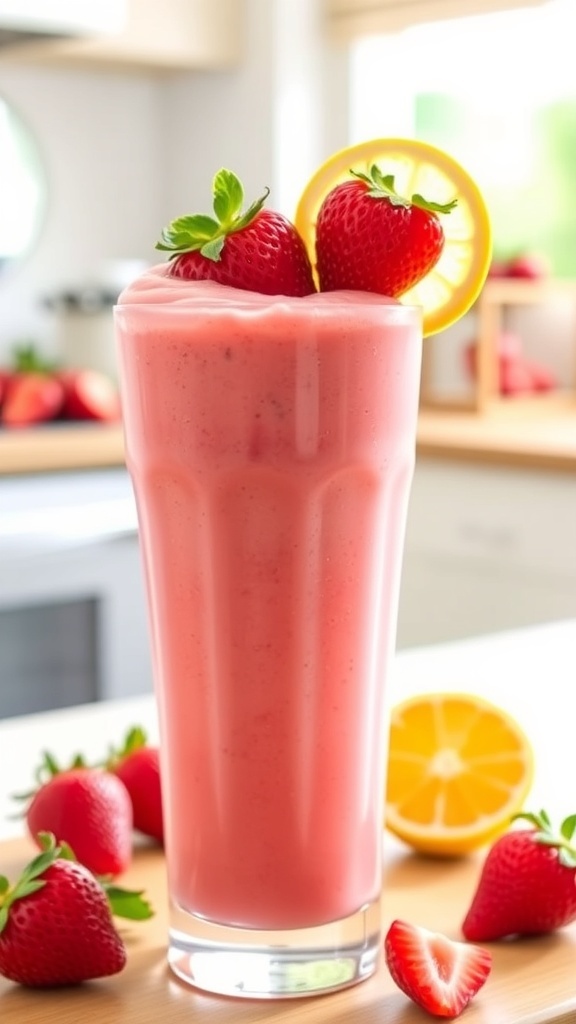 A tall glass of Lemon Strawberry Sorbet Smoothie with a strawberry and lemon slice garnish.